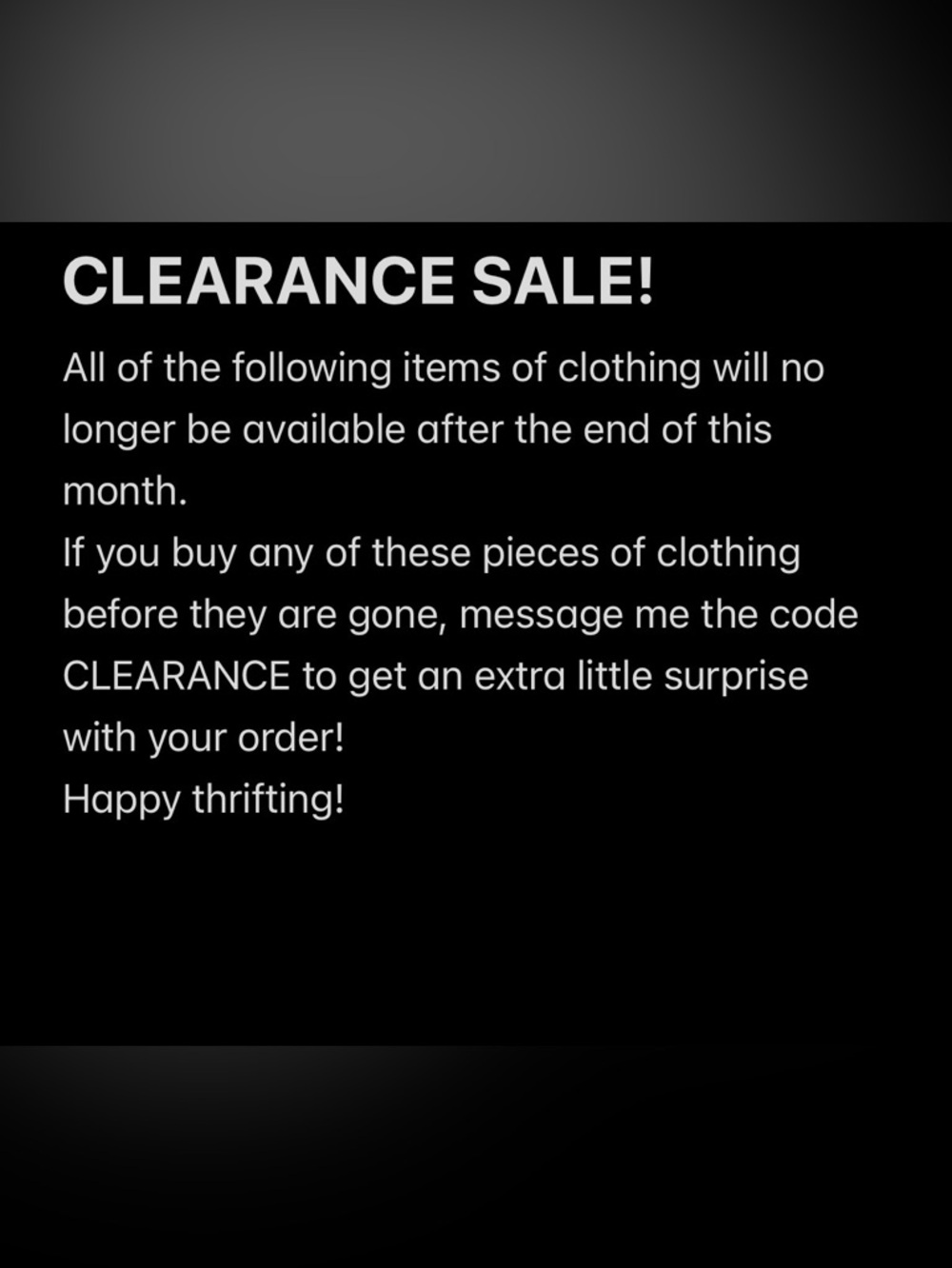 CLEARANCE SALE!!